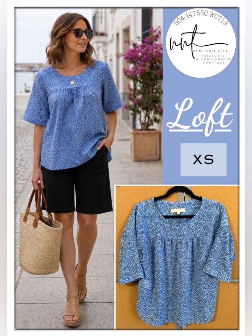 LOFT Blue Abstract Print Semi Sheer Blouse Top XS Boho Summer Lightweight